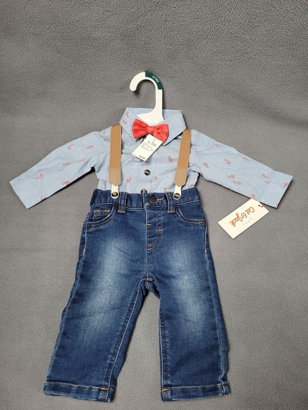 Baby Boys' Christmas Candy Cane 4pc Suspender Jeans Shirt Bow Set Cat & Jack 3M
